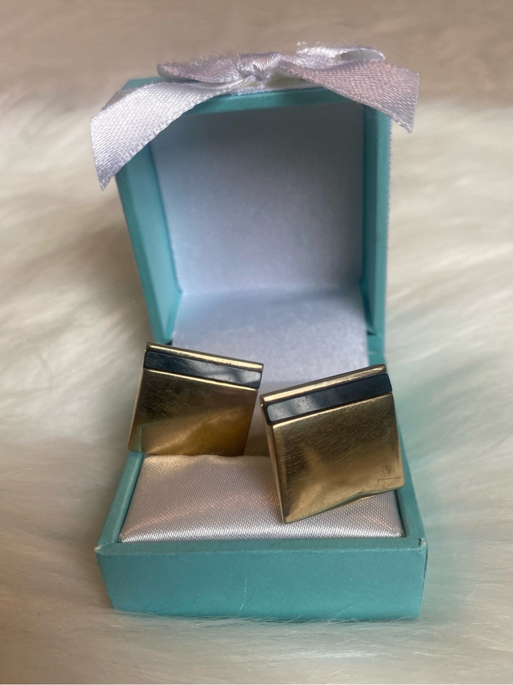 🍀VTG SWANK Gold Tone Square Cuff Links with Black Stripe